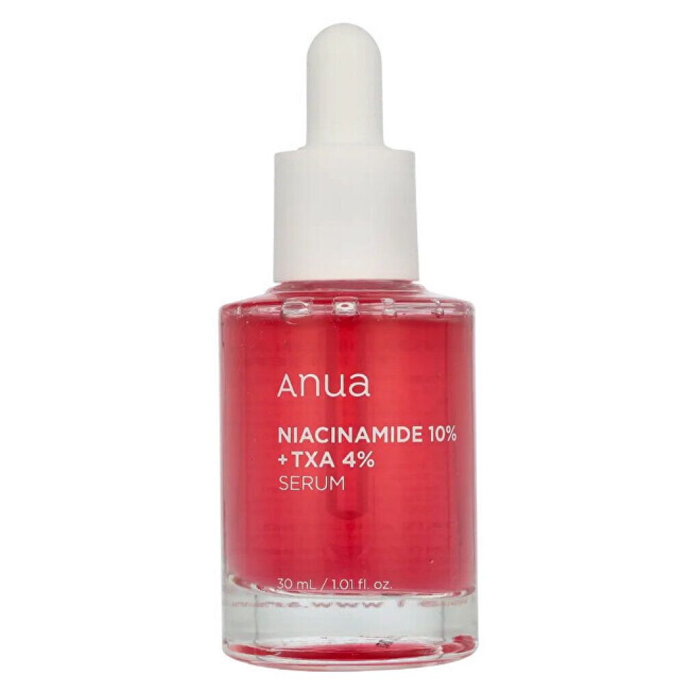 Anua Niacinamid 10% + TXA 4% Serum Flasche, silberner Ring, rote Flüssigkeit.