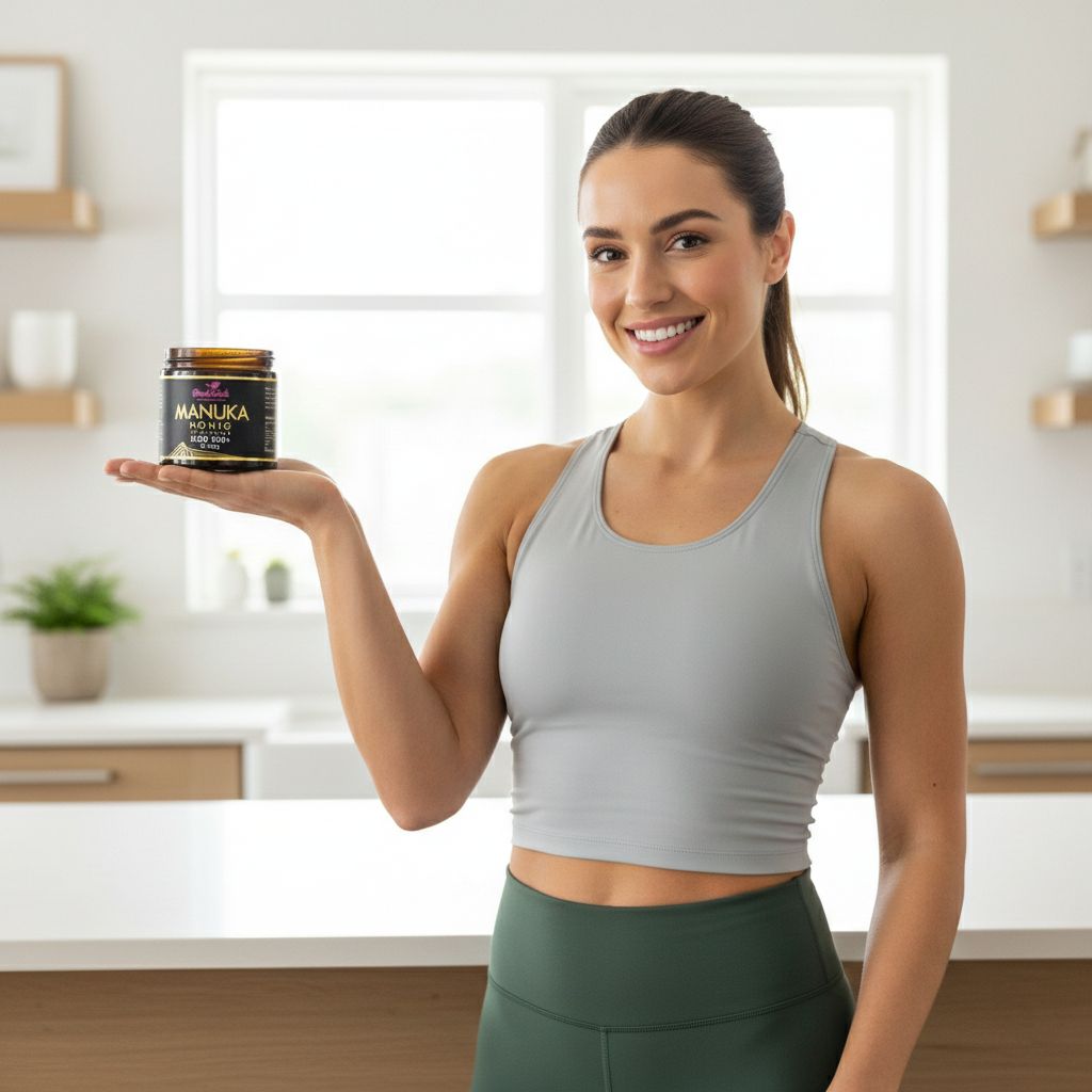 Frau hält ein Glas Manuka Honig in der Hand. Sie steht in einer Küche. Honig-Glas mit Aufschrift.
