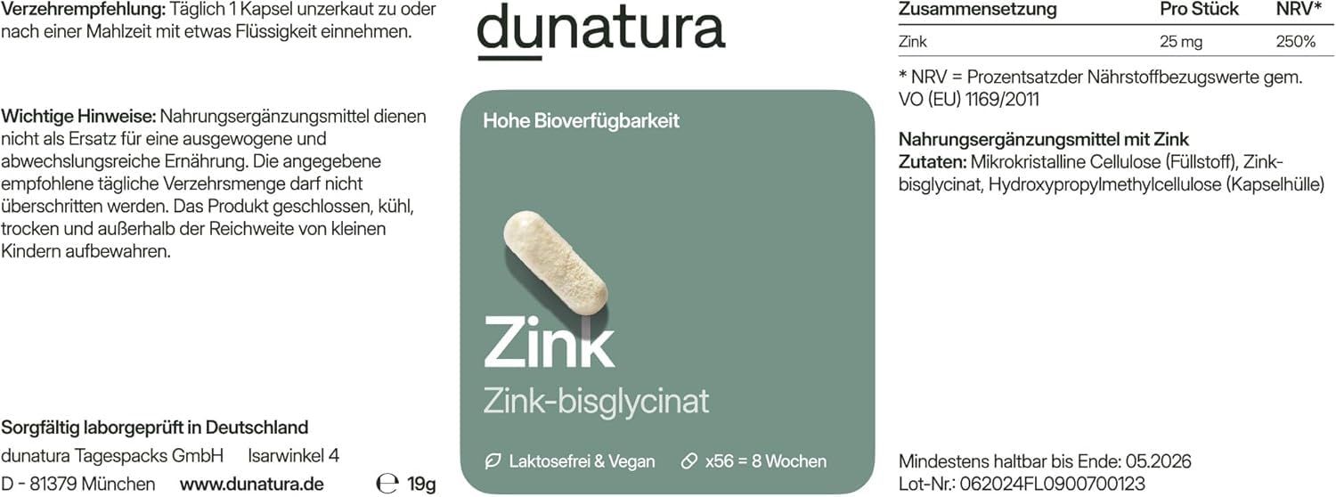 Etikett mit Produktinformationen. "Zink-bisglycinat" und "dunatura" lesbar. Angaben zu Inhaltsstoffen und Dosierung.