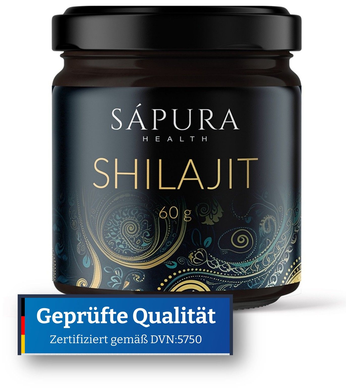 Dunkles Glas mit schwarzem Deckel. Aufschrift: Sápura Health, Shilajit, 60g. Blaue Qualitätsmarke: Geprüfte Qualität.