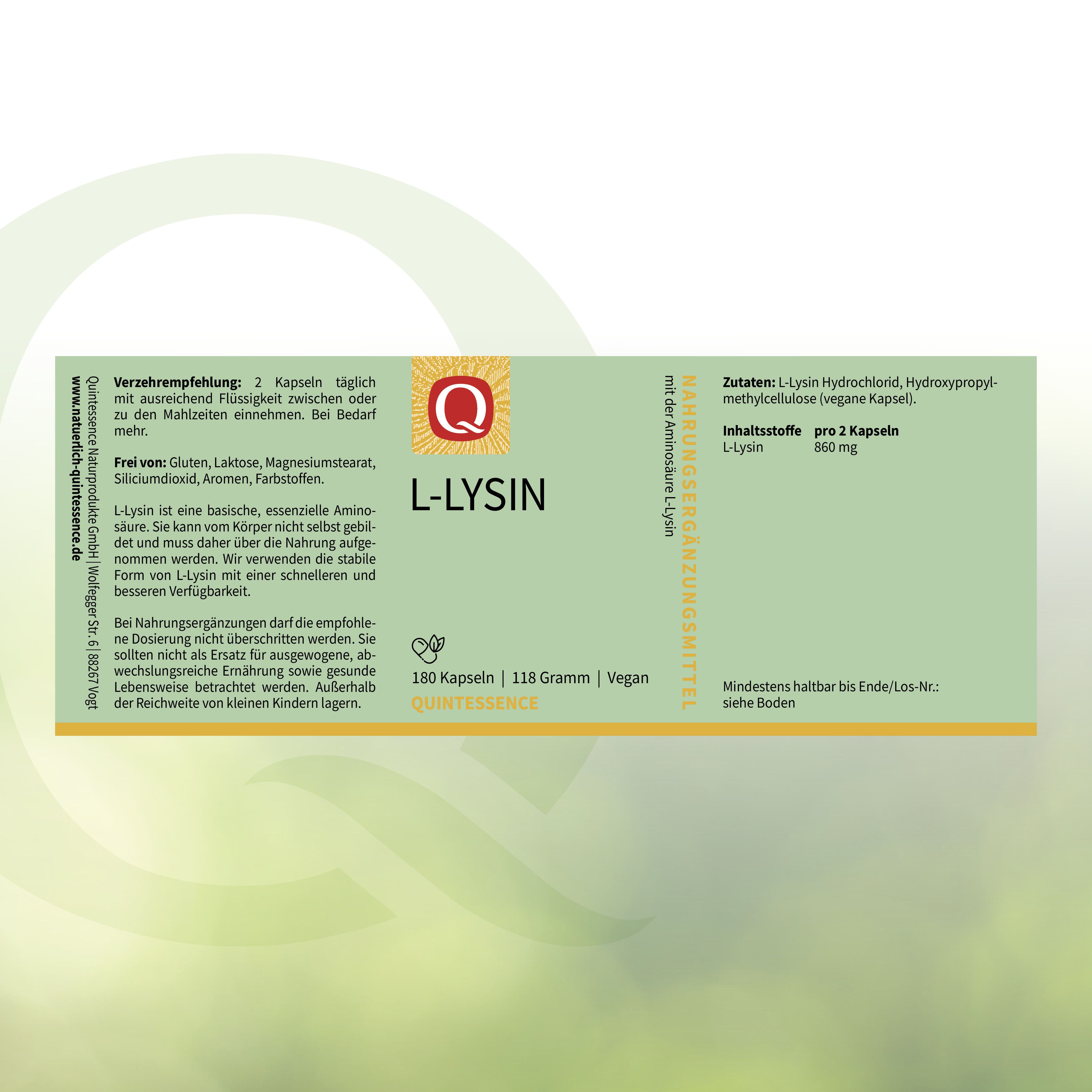 Schachtel mit L-Lysin Kapseln. Grünes Etikett mit Produktname, Marke, Inhaltsangaben und veganem Hinweis. Text.