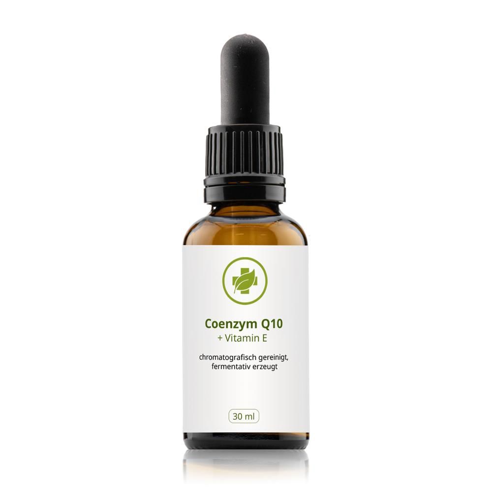 Braune Glasflasche mit Tropfer. Auf dem Etikett: Coenzym Q10 + Vitamin E. Mit grünem Logo und Text. 30 ml.