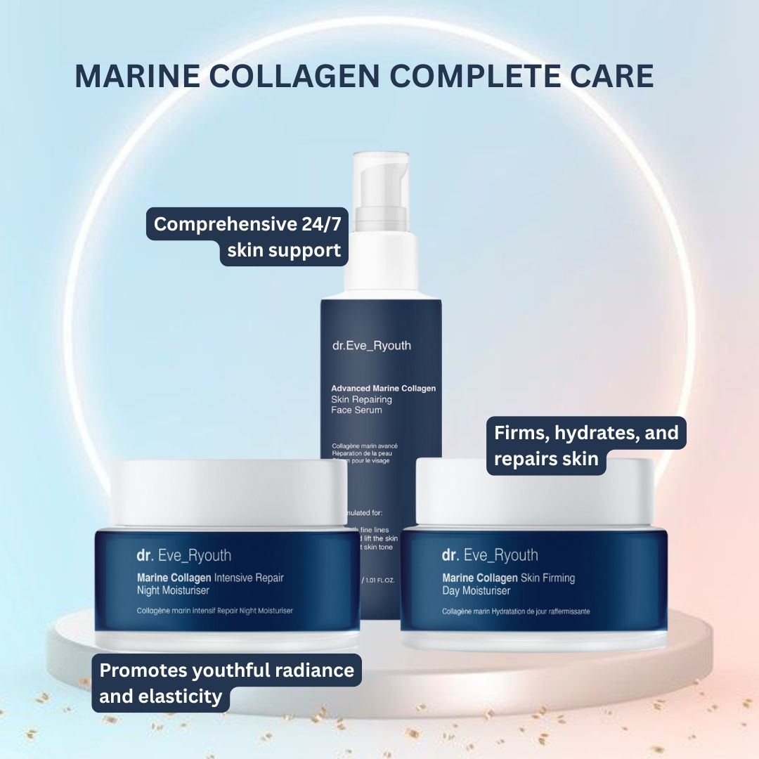 Set mit Serum und zwei Cremes. Dunkelblaue Behälter mit weißem Deckel. Text: Dr. Eve_Ryouth, Marine Collagen. Zusätzlicher Text: Marine Collagen Complete Care.