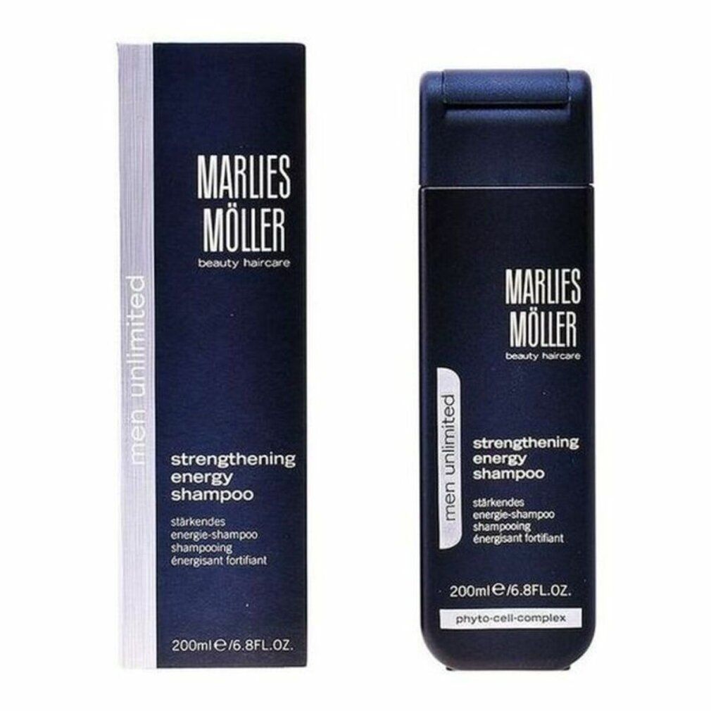 Shampoo-Flasche und Verpackung. Aufschrift: Marlies Möller, Men Unlimited, Strengthening Energy Shampoo. Flasche: dunkelblau, 200ml.