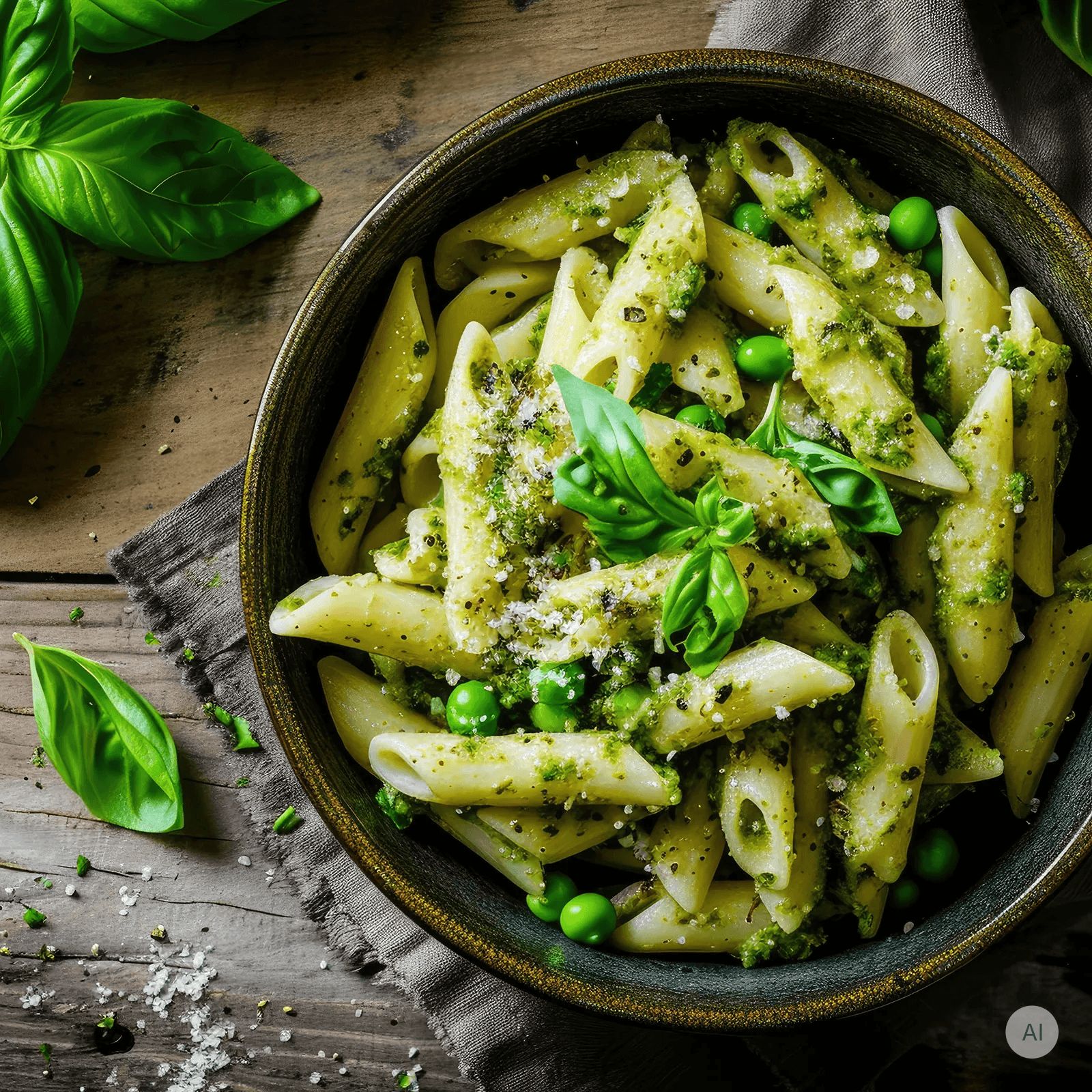 Gekochte Penne Rigate Nudeln mit Pesto, Erbsen und Basilikum in einer Schüssel.