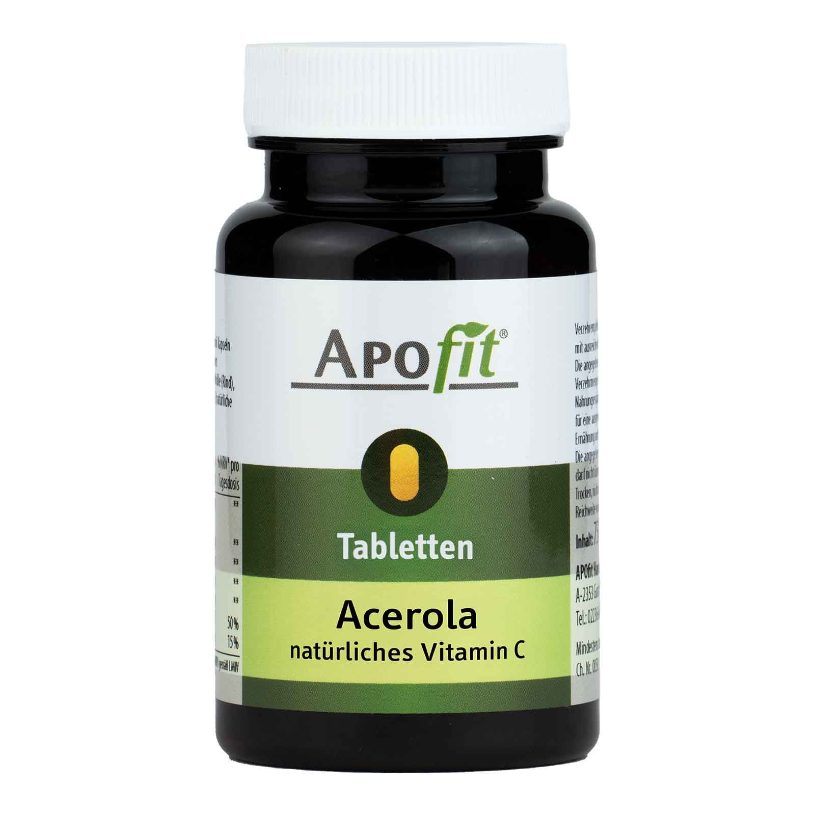 Eine schwarze Flasche mit weißen Deckel zeigt das Produkt APOfit Acerola Lutschtabletten. Auf dem Etikett steht "ApoFit" und darunter "Tabletten". Darunter steht "Acerola natürliches Vitamin C".
