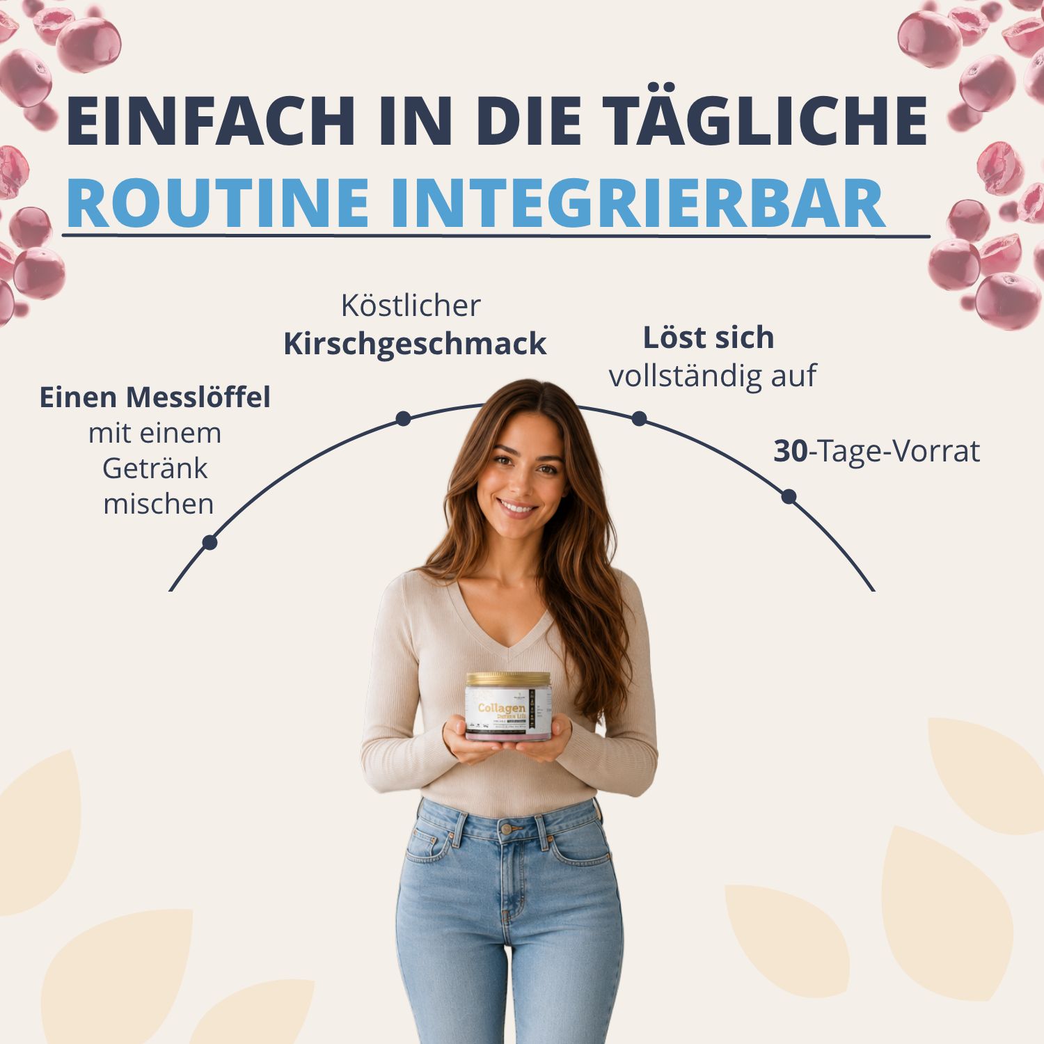 Frau hält Golden Tree Collagen Derma Lift. Einfach in die tägliche Routine integrierbar.