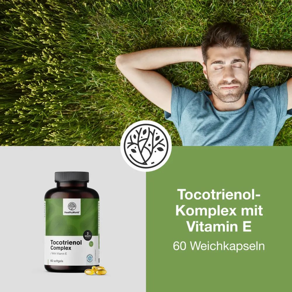 Mann liegt auf Rasen. Logo HealthyWorld. Flasche Tocotrienol Complex, 60 Weichkapseln. Text: Tocotrienol-Komplex mit Vitamin E.