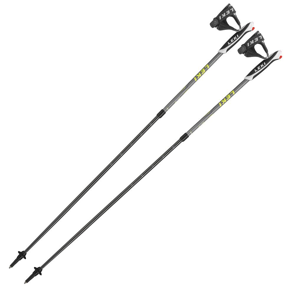 Zwei Nordic-Walking-Stöcke. Schwarz, gelbe Akzente. Griffe mit Schlaufen. Marke Leki.