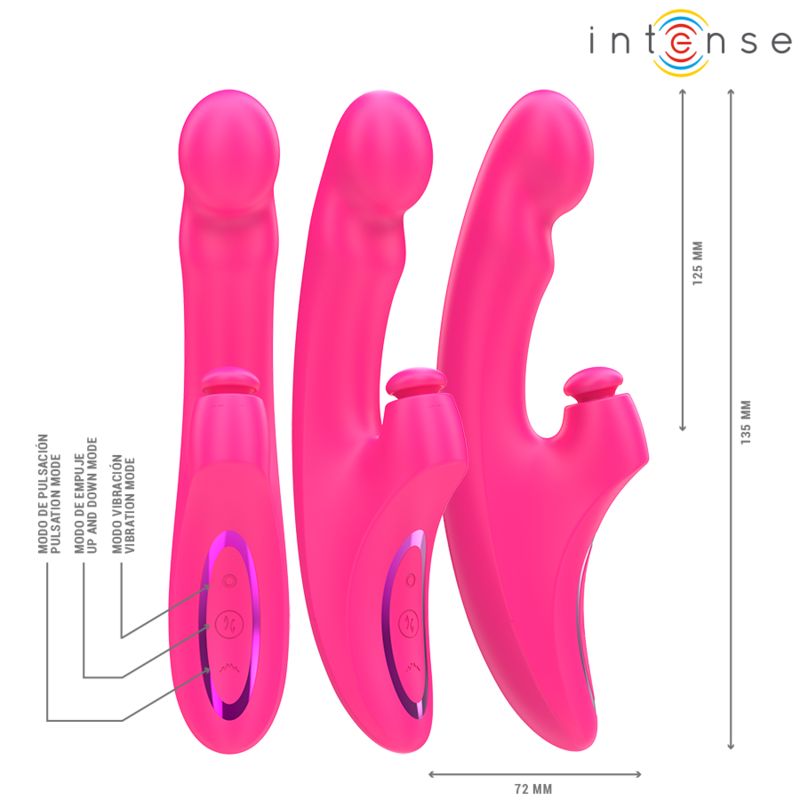 Drei pinkfarbene Vibratoren. Abmessungen: 155 mm hoch, 125 mm breit, 72 mm tief. Bedienknöpfe und Beschriftungen sind sichtbar.