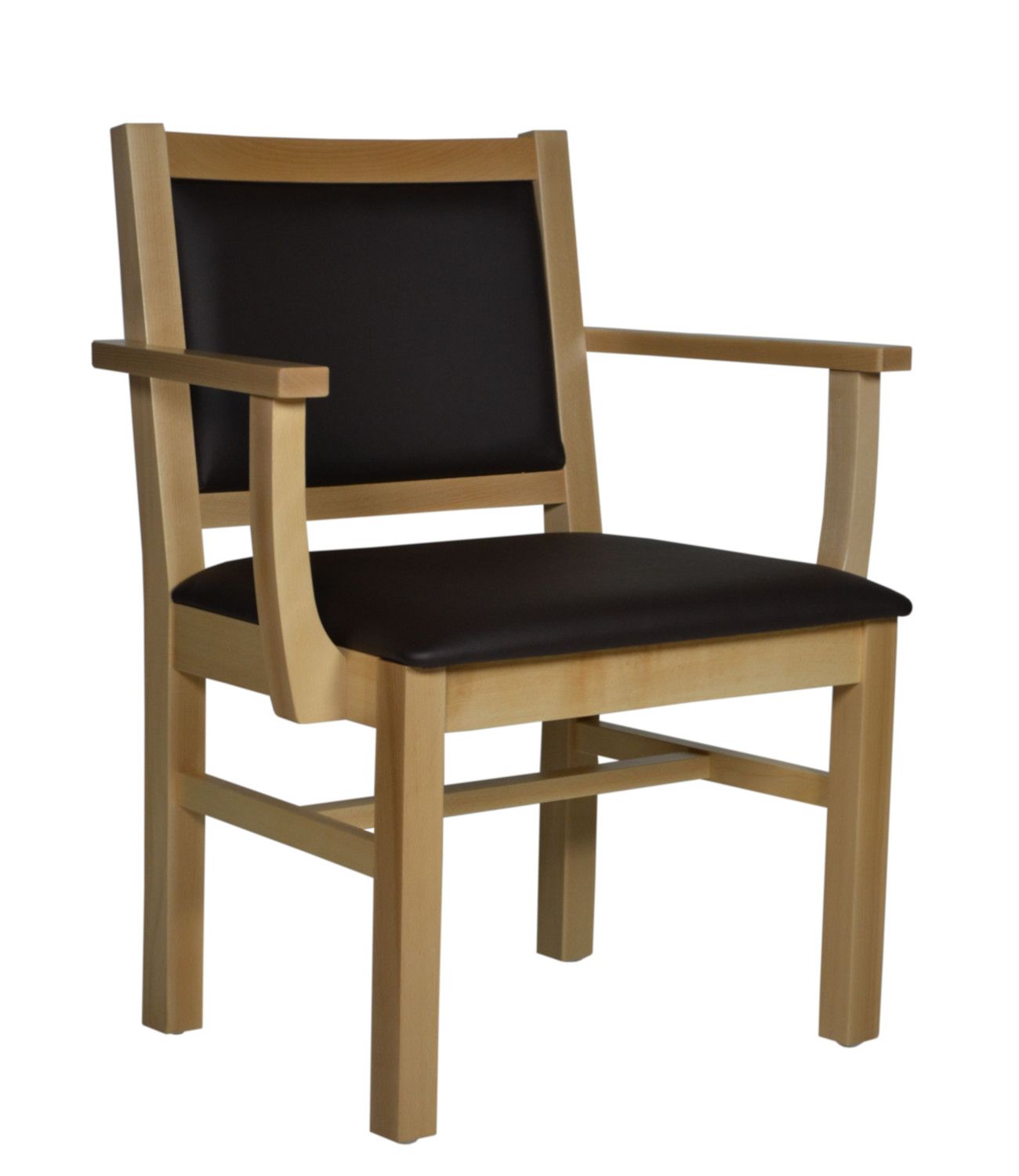 Stuhl mit Armlehnen, Holzrahmen, gepolsterter Sitz und Rückenlehne. Dunkle Sitzfläche und Rückenlehne, helle Holzstruktur.