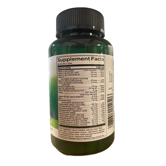 Grüne Flasche mit schwarzem Deckel. Aufschrift: SWANSON Just One Multi mit Eisen. Enthält Vitamine und Mineralien. 130 Tabletten.