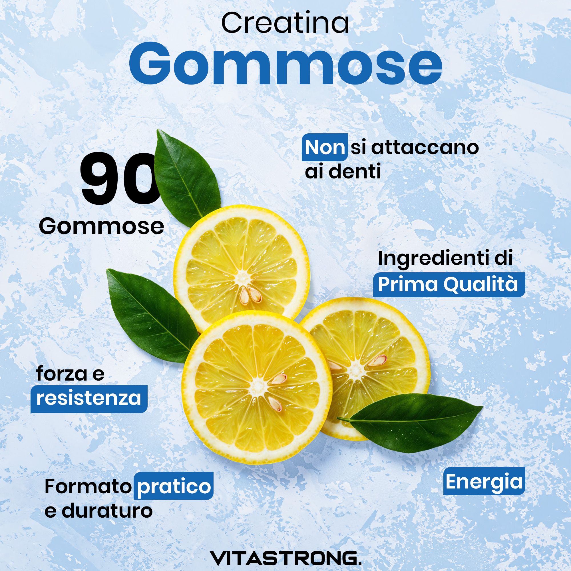 Kreatin-Gummis, Zitronen und Blätter. Text: 90 Gummis, Kraft und Ausdauer, praktisches und langlebiges Format.