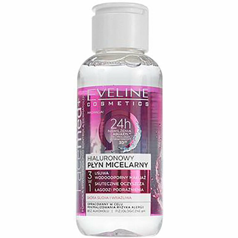 Eveline Cosmetics Facemed+ Mizellenwasser. Flasche mit weißem Deckel und pinkfarbenem Etikett. Text: 24h, Hyaluronsäure.