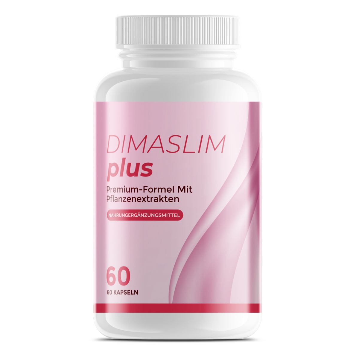 Weiße Flasche mit rosa Etikett. Aufschrift: DimaSlim plus, 60 Kapseln. Nahrungsergänzungsmittel.