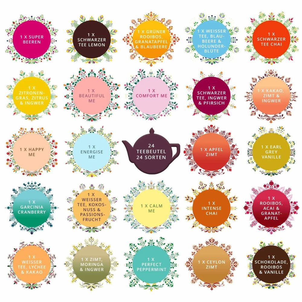 24 Teebeutel-Sorten. Marke: English Tea Shop. Aufdrucke: 24 verschiedene Teesorten. Floral umrandete Kreise mit Namen. Teekanne.