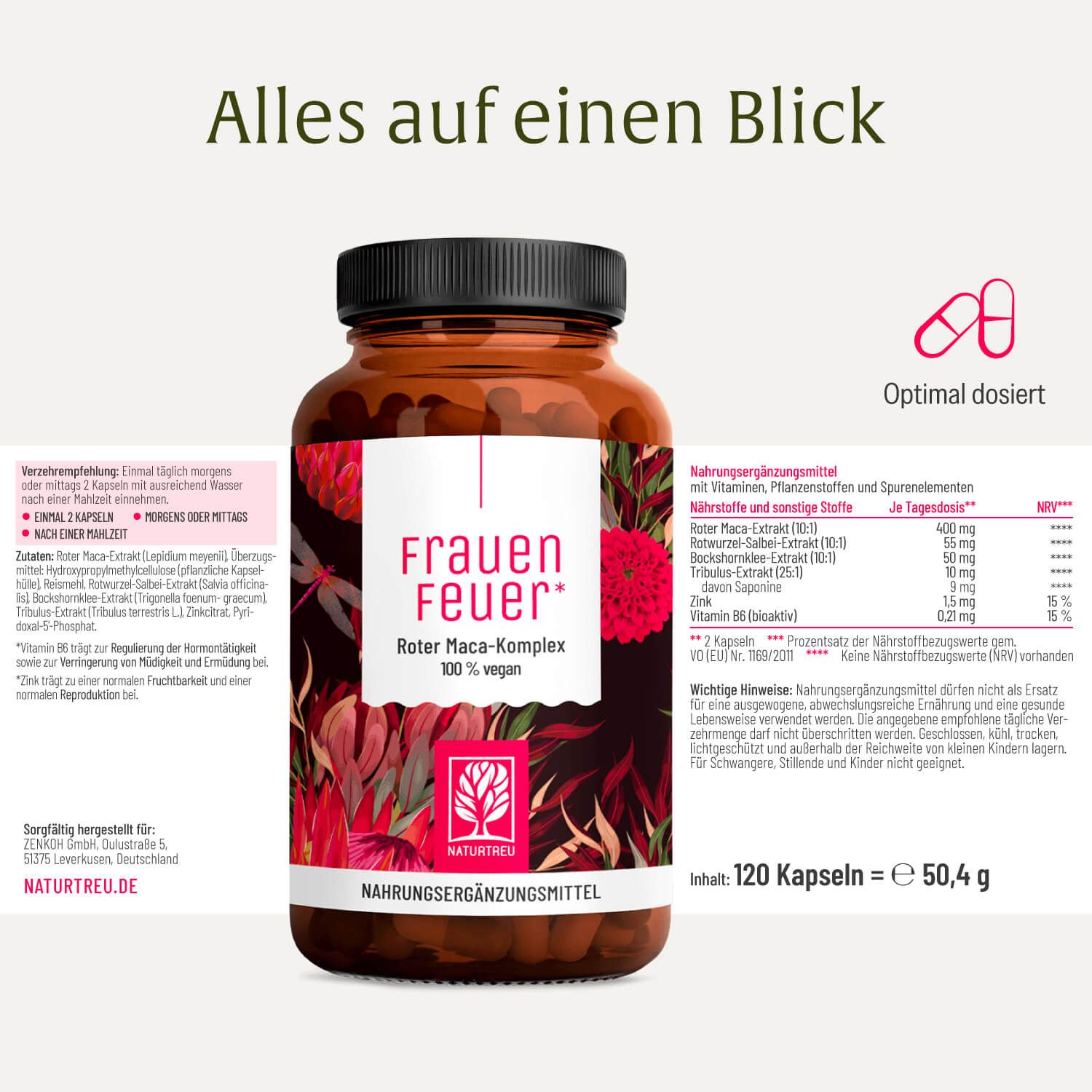 Braune Flasche mit Kapseln. Text: Frauen Feuer, Roter Maca-Komplex, 100% vegan. Nährwerttabelle. 120 Kapseln.