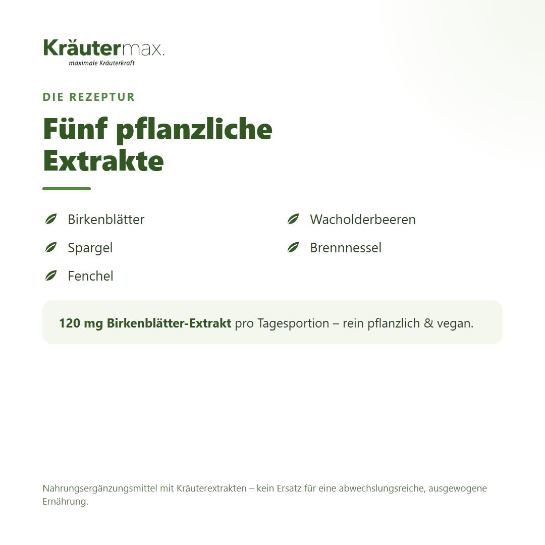 Liste von fünf pflanzlichen Extrakten: Birkenblätter, Spargel, Fenchel, Wacholderbeeren, Brennnessel.
