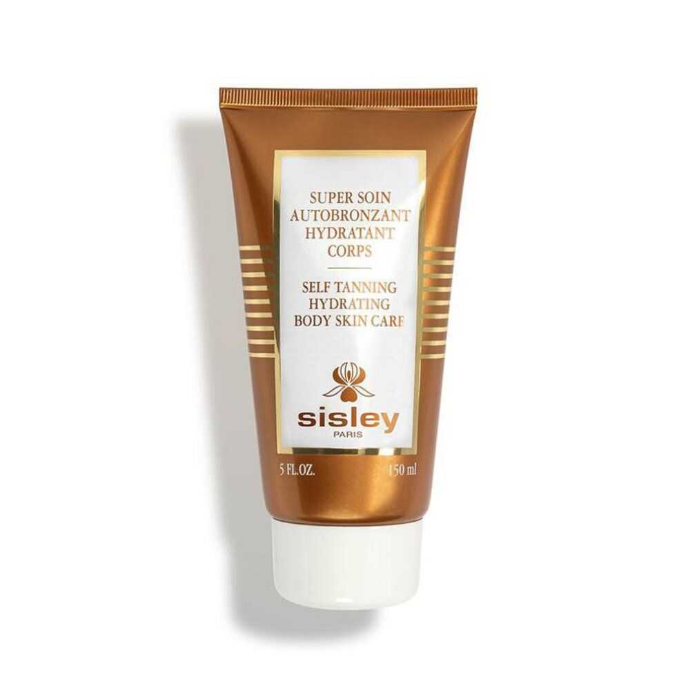 Bräunungscreme-Tube. Goldfarben, weißer Deckel. Text: SUPER SOIN AUTOBRONZANT HYDRATANT CORPS, SELF TANNING HYDRATING BODY SKIN CARE, Sisley.