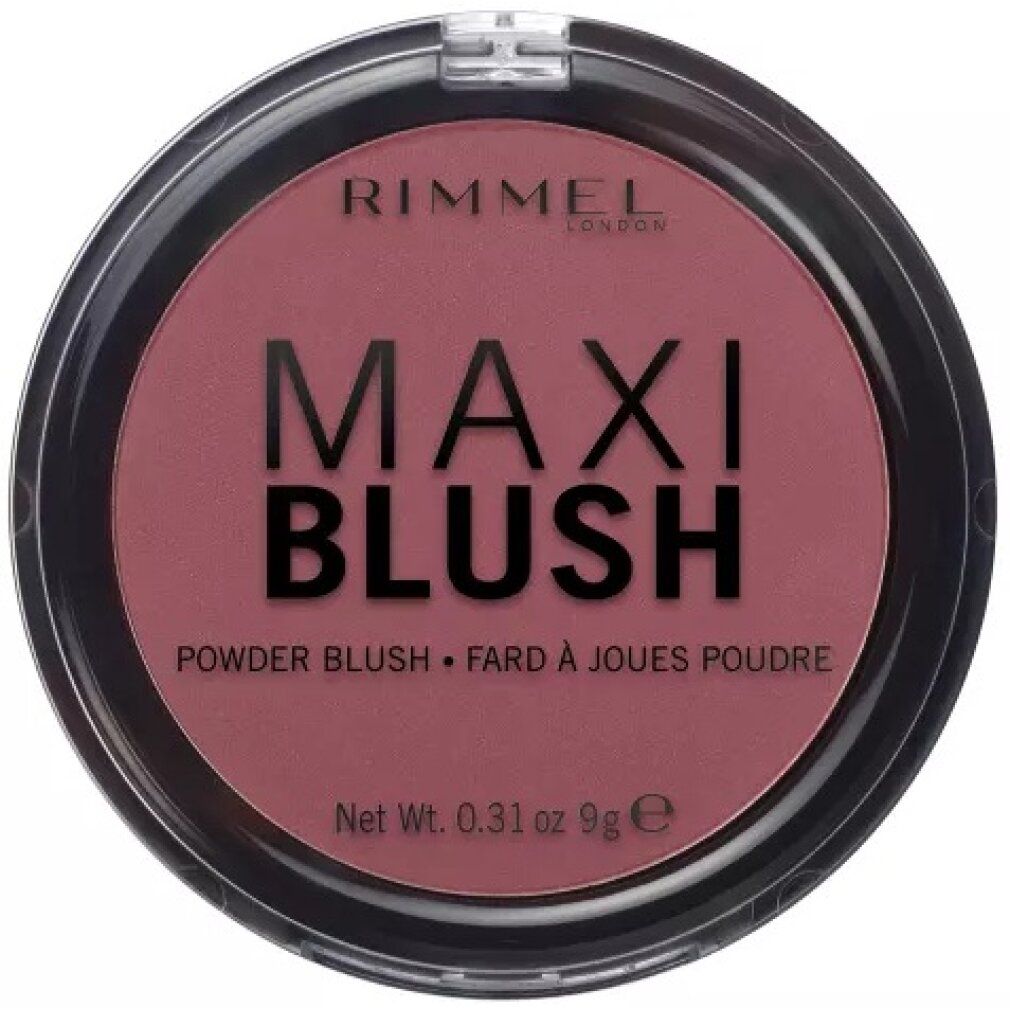 Runder Blush-Puder-Behälter. Schwarzer Rand, transparente Abdeckung. Text: Rimmel London, Maxi Blush, Powder Blush, 9g.