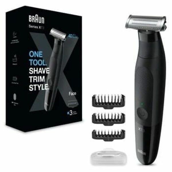 Schwarzer Rasierer, Verpackung und Zubehör. Auf der Verpackung steht Braun Series X. Auf dem Rasierer steht XT3 und Braun.
