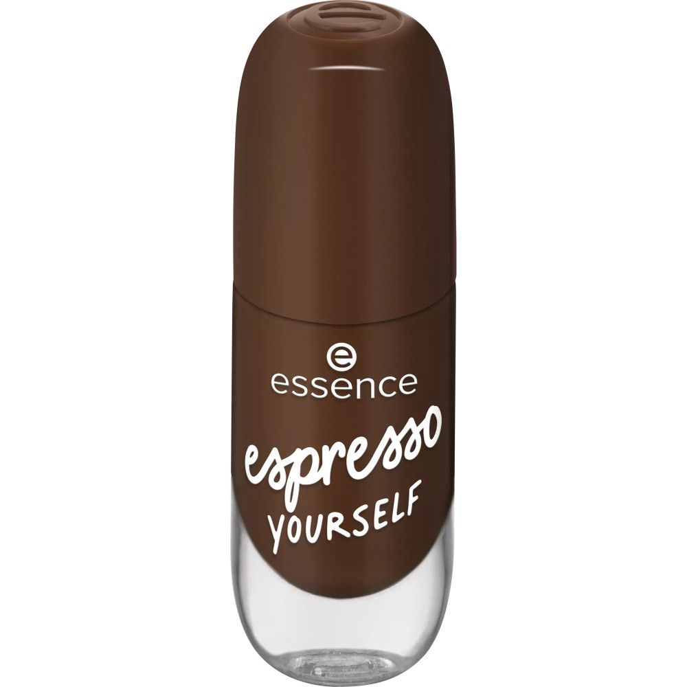 Nagellackflasche, braun, mit Deckel. Marke: essence, Schriftzug: espresso YOURSELF. Transparenter Flaschenkörper.