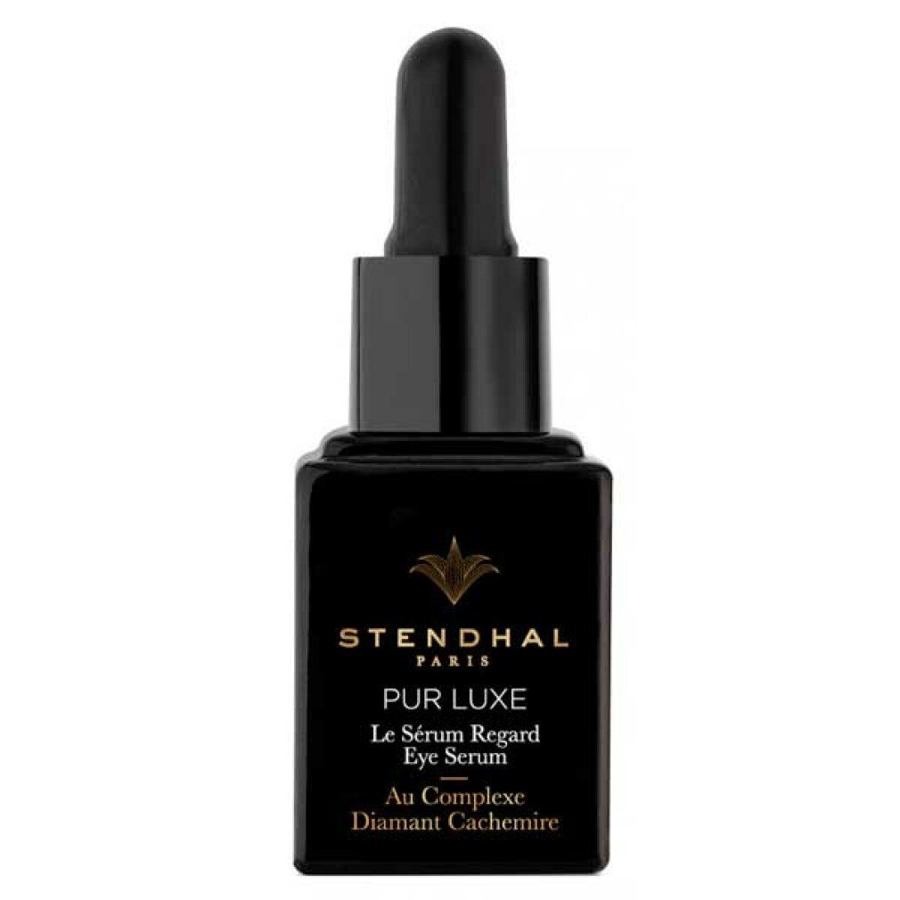 Schwarze Flasche mit Pipette. Aufschrift: Stendhal Paris, Pur Luxe, Le Sérum Regard Eye Serum, Au Complexe Diamant Cachemire.