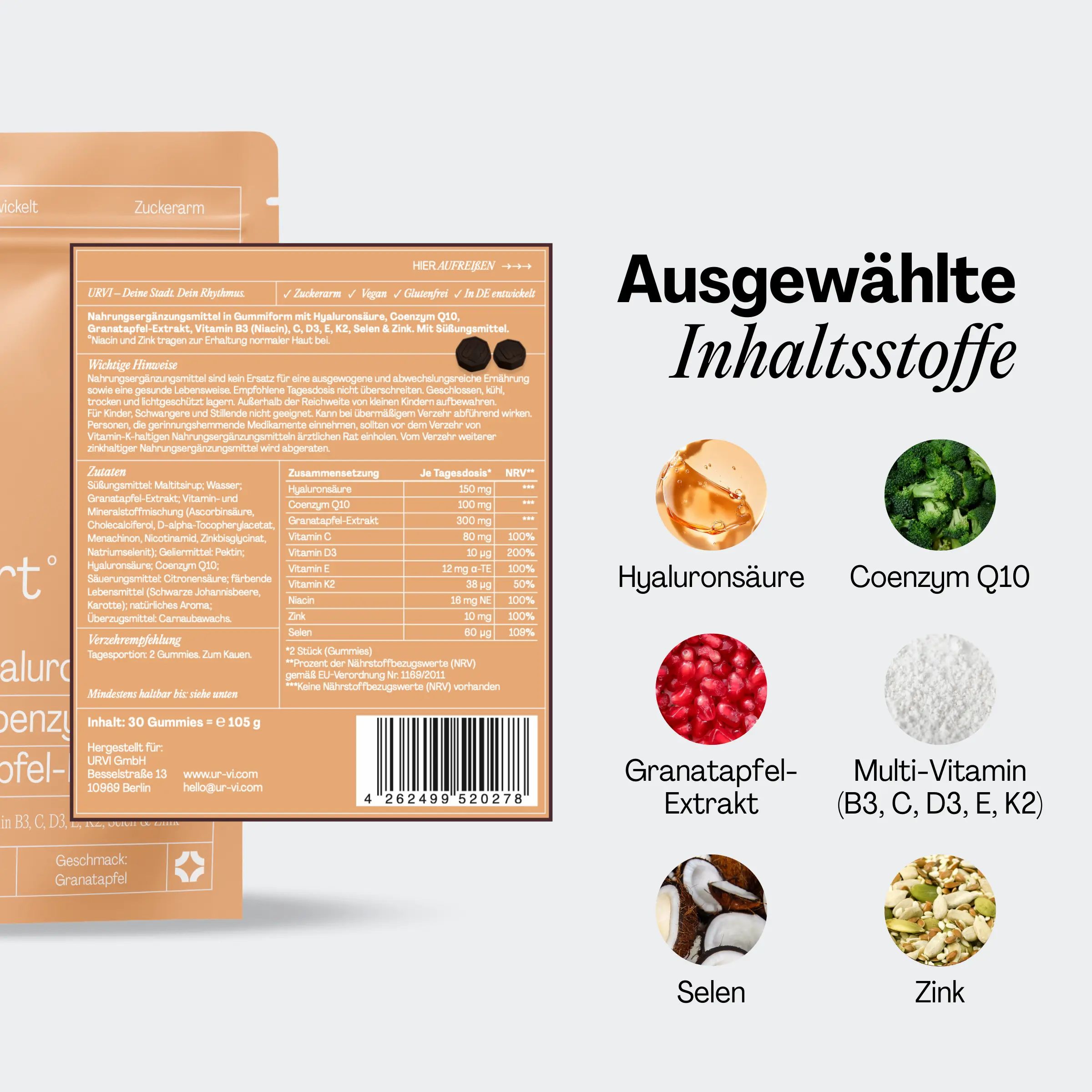 Verpackung mit Inhaltsstoff-Informationen. Hyaluronsäure, Coenzym Q10, Granatapfel-Extrakt, Multi-Vitamin, Selen, Zink.