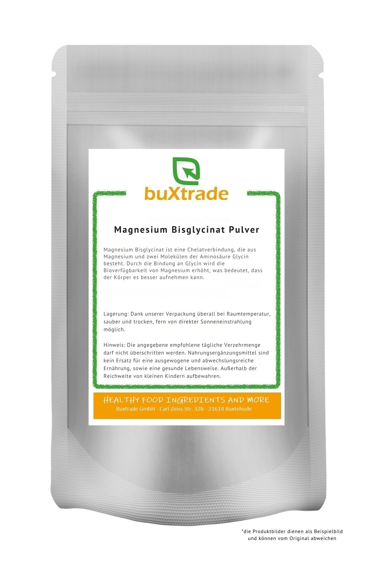 Beutel mit Produktetikett. Aufschrift: Magnesium Bisglycinat Pulver. Marke: buXtrade. Text in Grün und Orange.