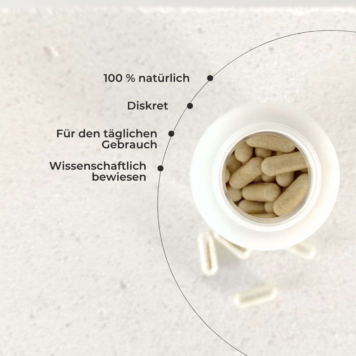 Offene Dose mit Kapseln. Text: 100% natürlich, diskret, für den täglichen Gebrauch, wissenschaftlich bewiesen.