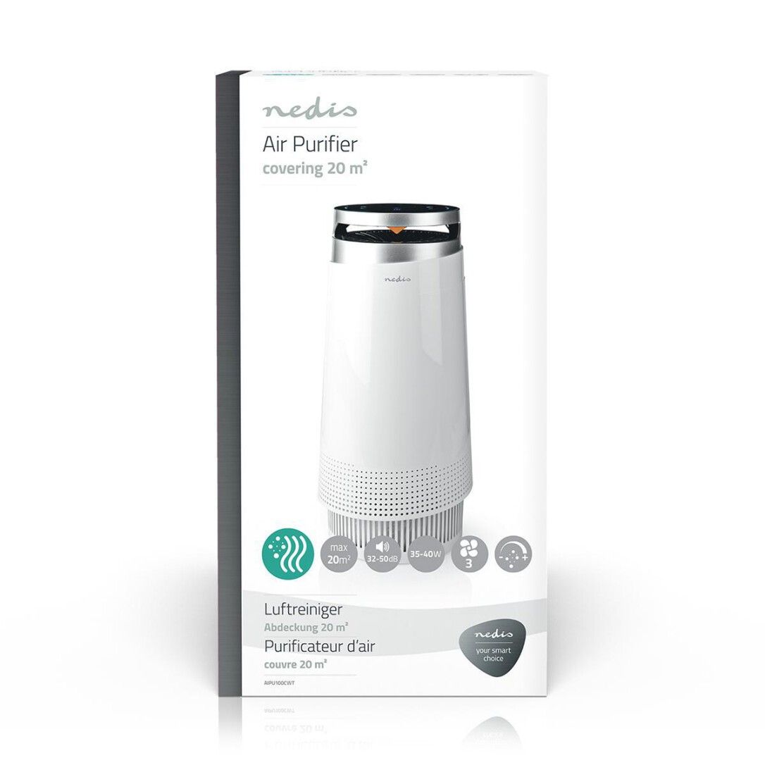 Produktverpackung. Weißer Luftreiniger mit silbernem Oberteil. Aufschrift: Air Purifier covering 20 m². Logos und technische Daten.