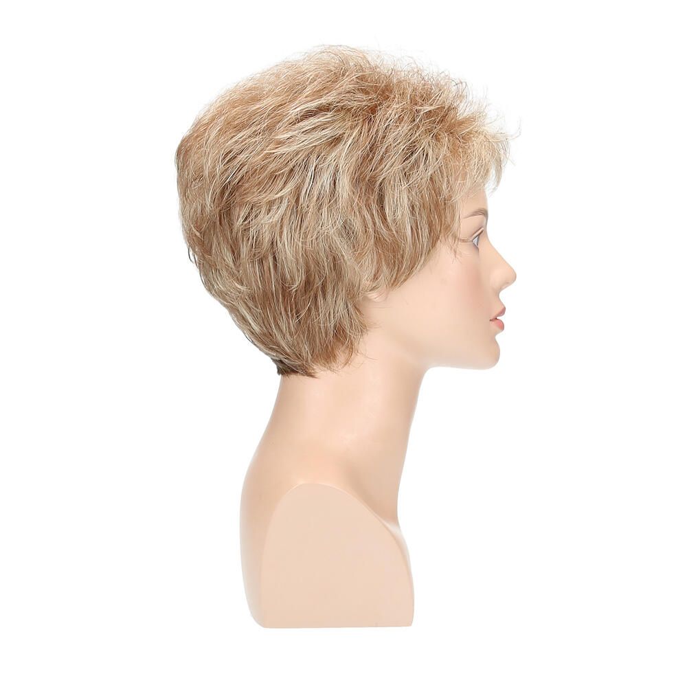 Perücke Anna von Lofty in Sandmix gesträhnt, auf einem Schaufensterkopf. Seitenansicht, blonde Haare.