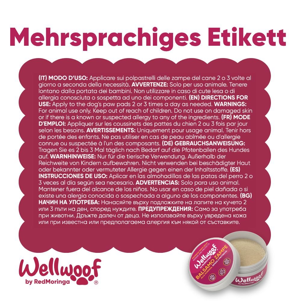 Wellwoof Balsam für Hundepfoten in runder Dose.