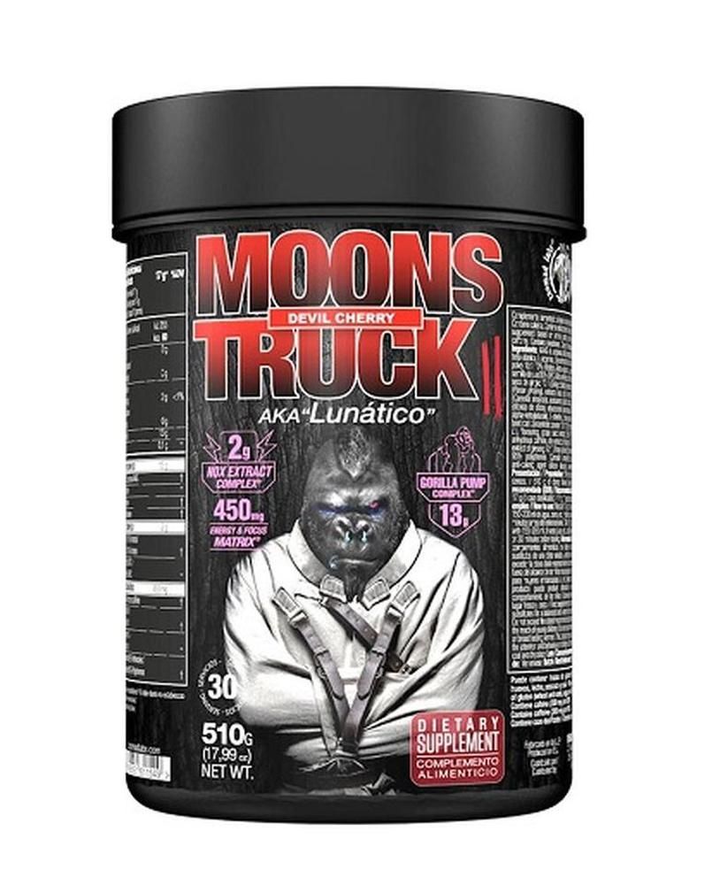 Schwarze Dose mit roter Aufschrift "MOONSTRUCK II". Gorilla-Illustration. "Devil Cherry" und "AKA Lunático" Text. "Dietary Supplement".