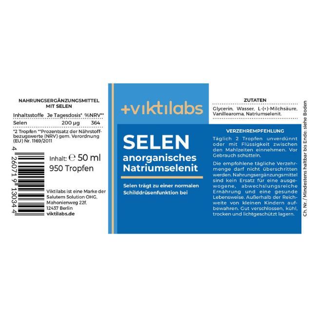 Etikett mit Produktinformationen. Beschriftung: Viktilabs, Selen, Natriumselenit. Inhaltsstoffe und Dosierung.