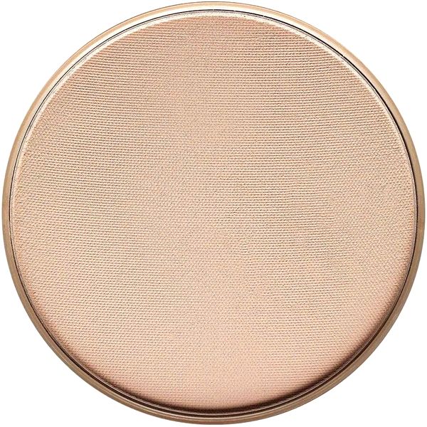 Runder, rosafarbener Puder-Refill mit goldfarbenem Rand. Die Oberfläche hat ein feines Muster.