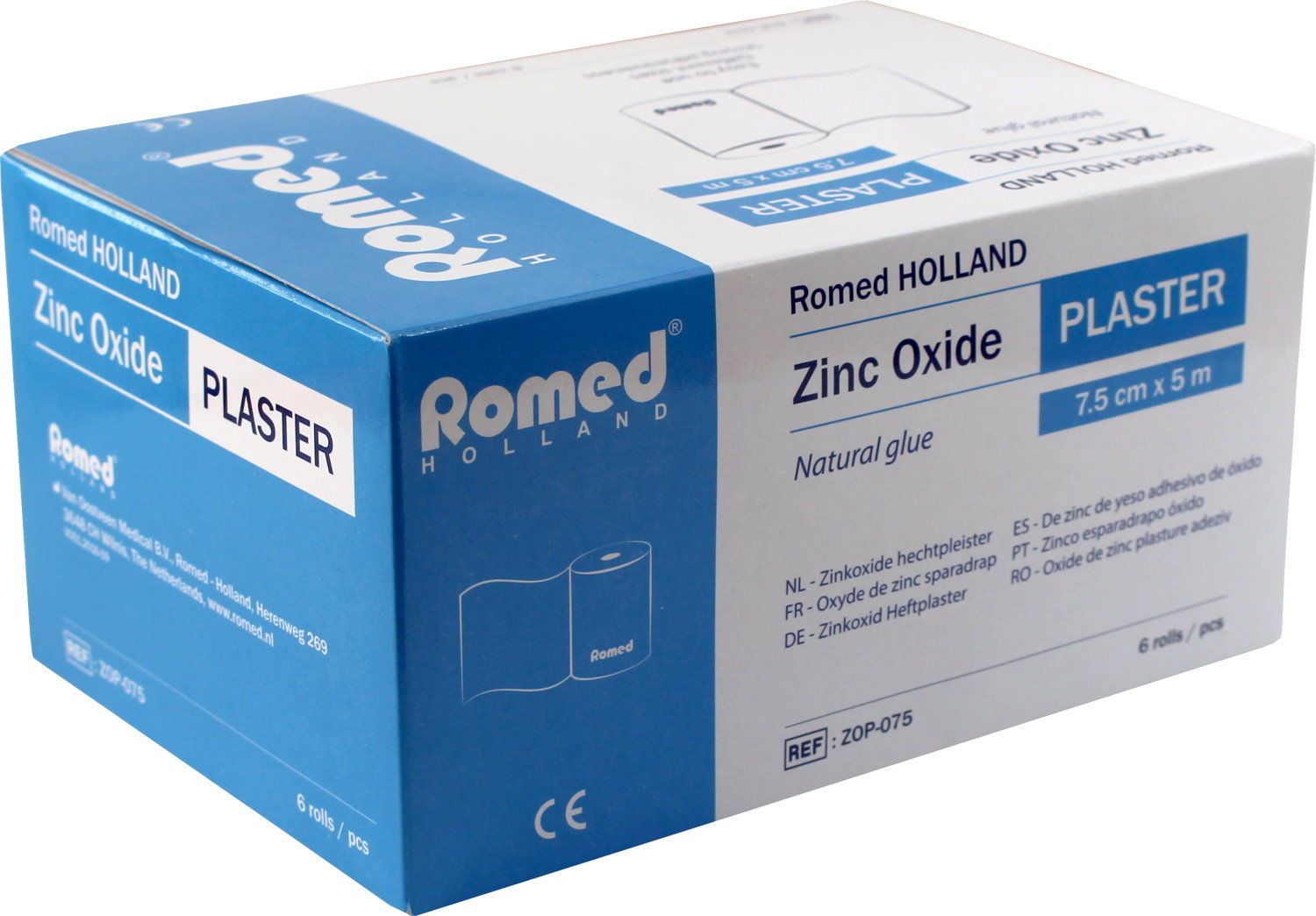 Verpackung Zinkoxid Heftpflaster. Aufschrift: Romed HOLLAND, ZINC OXIDE PLASTER, 7.5 cm x 5 m.