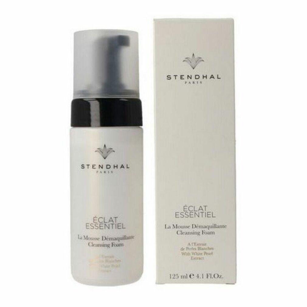 Weißes Fläschchen mit schwarzem Pumpkopf und Karton. Aufschrift: Stendhal Paris, Éclat Essentiel, La Mousse Demaquillante Cleansing Foam.