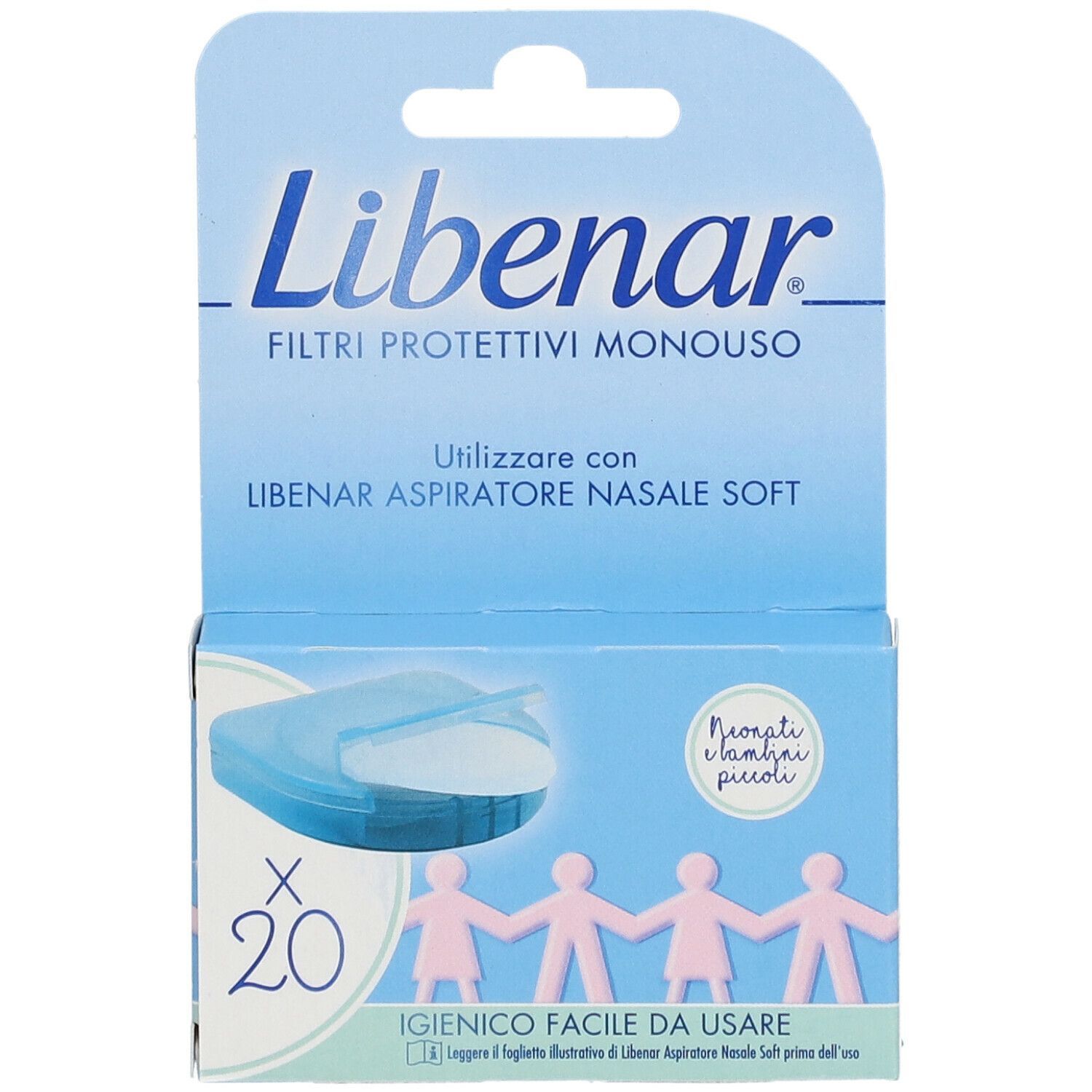 Confezione Libenar Filtri Protettivi Monouso. Scatola blu con immagine e testo. Contiene 20 pezzi. Per neonati.