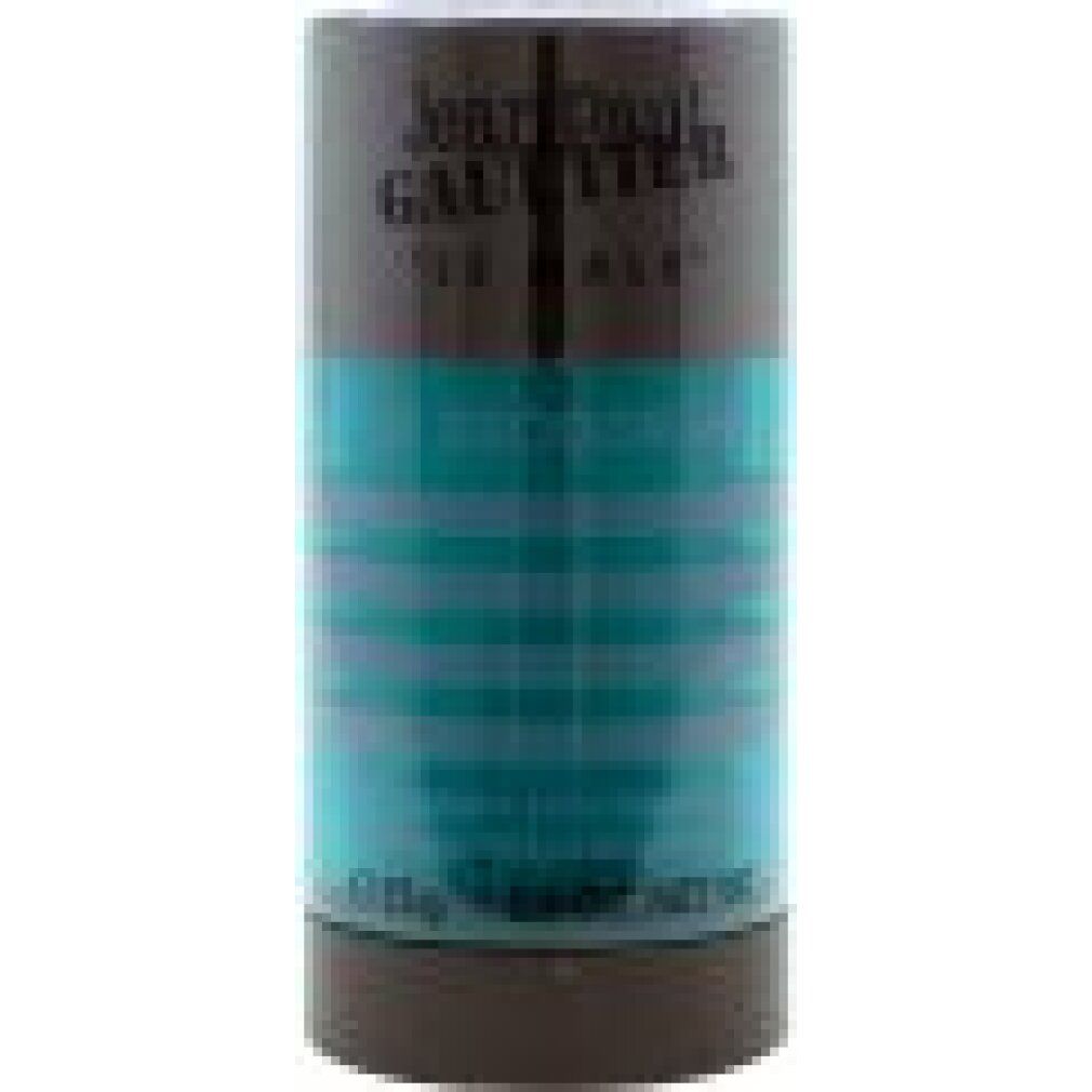 Deo-Stick von Jean Paul Gaultier. Zylindrische Form, blau-gestreift. Schwarzer Deckel und Boden. Schriftzug "LE MALE".