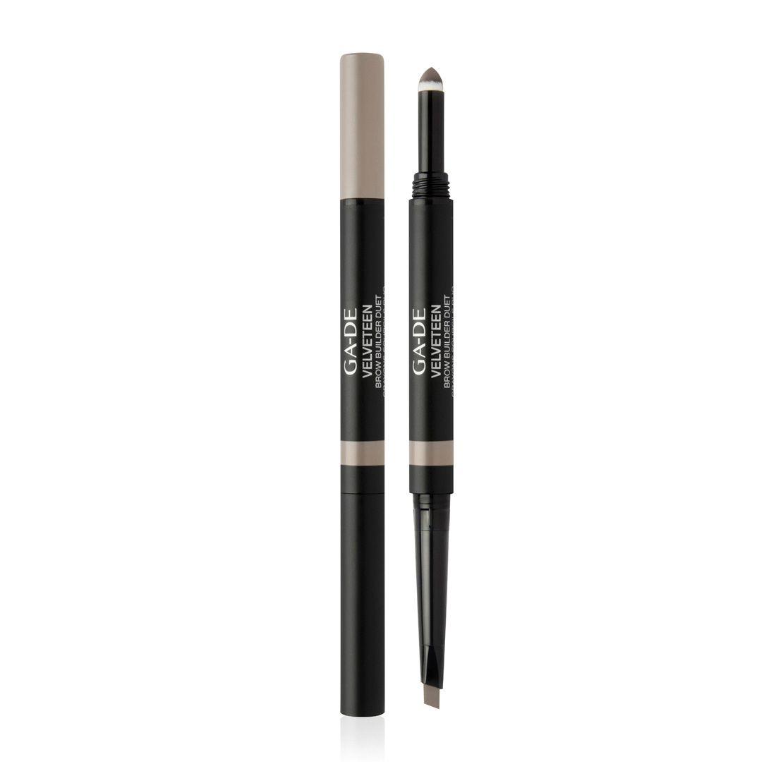 Doppelstift. Schwarz, mit hellbraunen Enden. Aufschrift: GA-DE VELVETEEN BROW BUILDER DUET.