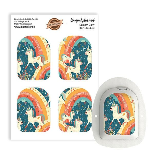 Aufkleber-Set mit Einhorn-Motiv und Regenbogen. Enthält vier Aufkleber und ein Omnipod-Gerät mit passendem Design.