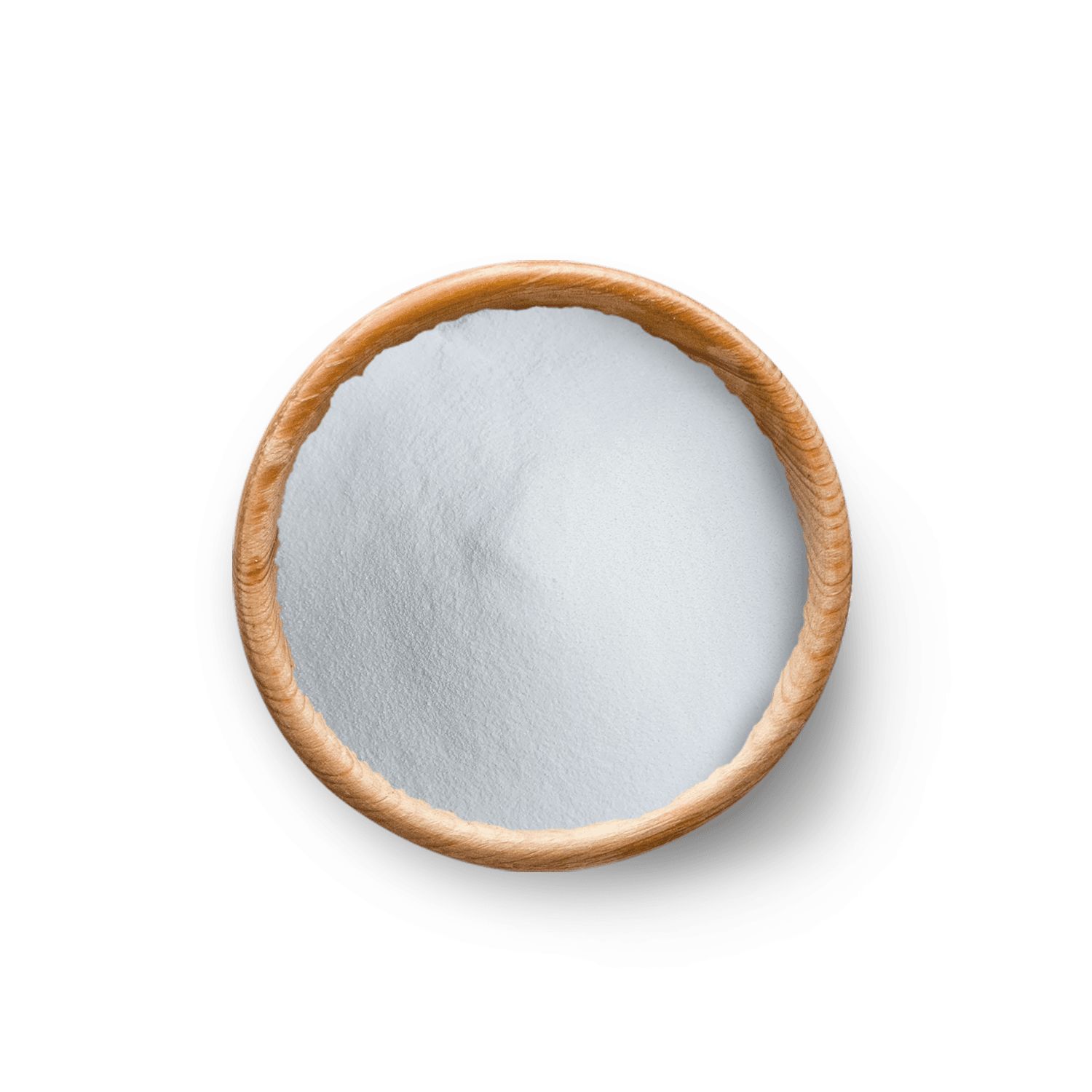 Draufsicht auf eine Holzschale mit weißem Pulver. Keine weitere Beschriftung sichtbar.