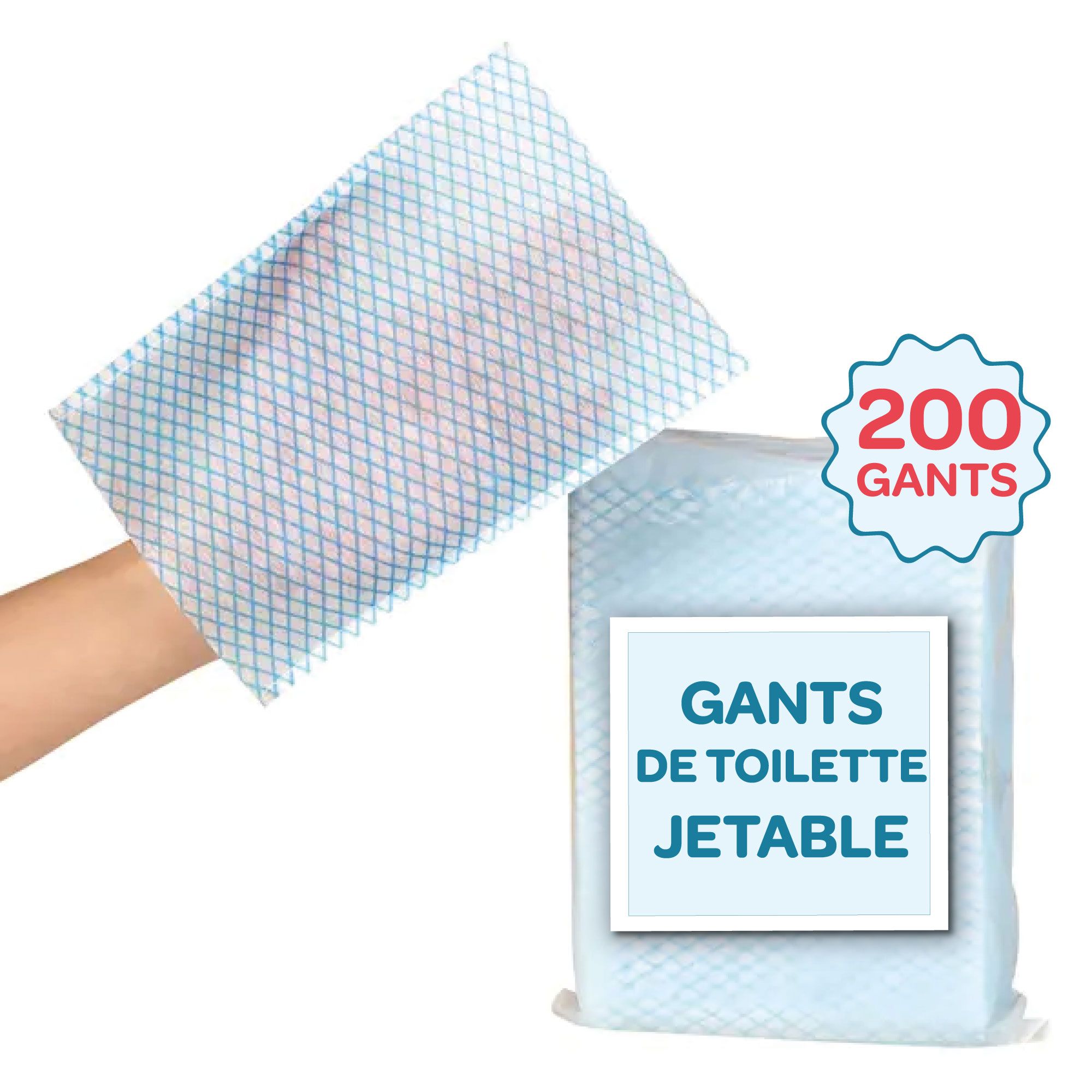 Gant de toilette, motif quadrillé bleu, en main. Emballage de 200, texte: GANTS DE TOILETTE JETABLE.