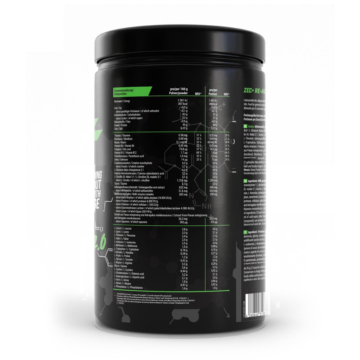 Schwarze Dose mit grünen Details. Text: ZEC+ RE-ACT 2.0. Nährwertangaben und Inhaltsstoffe auf der Rückseite. Barcode unten.