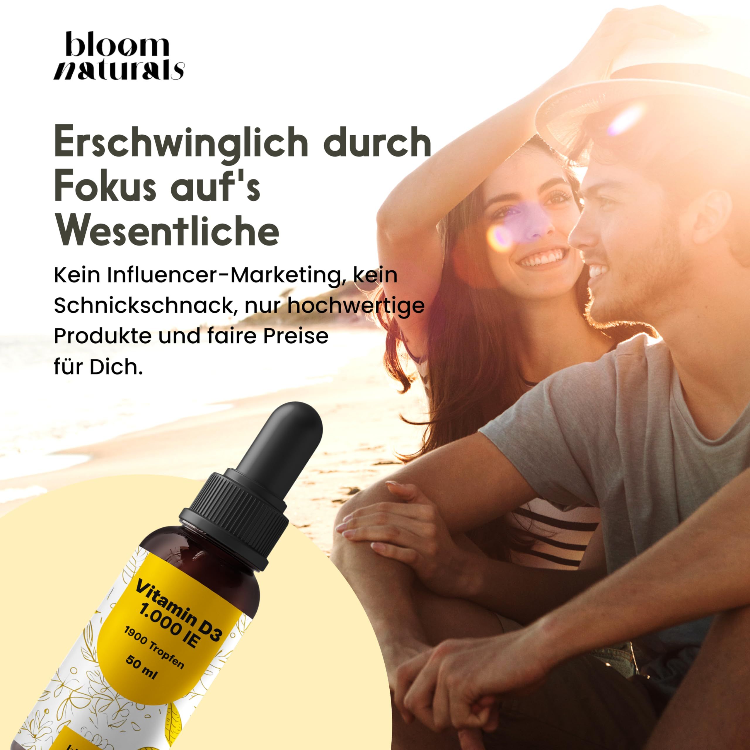 Paar am Strand. Produktflasche mit Tropfer. Text: Erschwinglich durch Fokus auf's Wesentliche. Kein Influencer-Marketing, faire Preise.