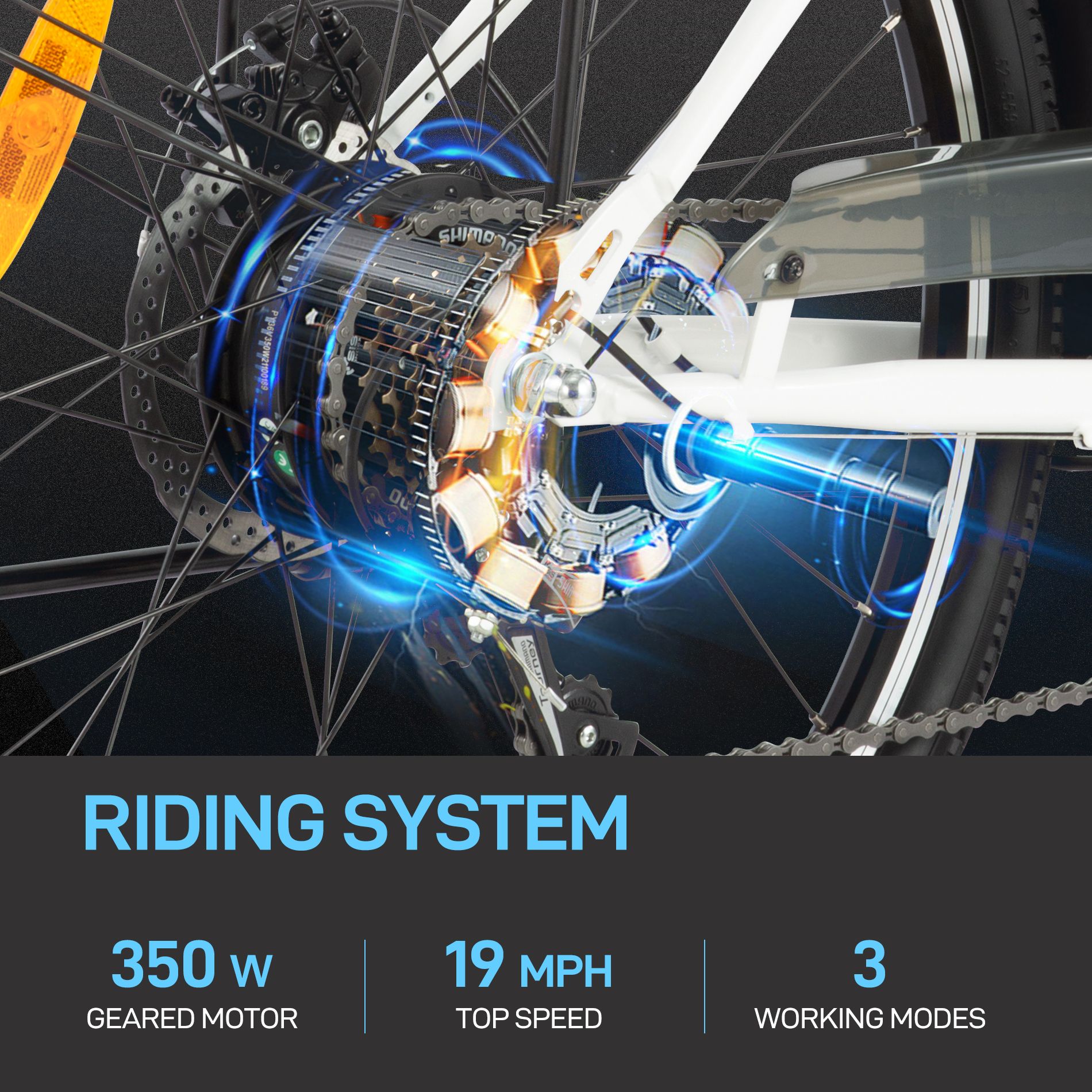 Nahaufnahme des Hinterrads eines Elektrofahrrads. Text: 350W, 19 MPH, 3 Arbeitsmodi.