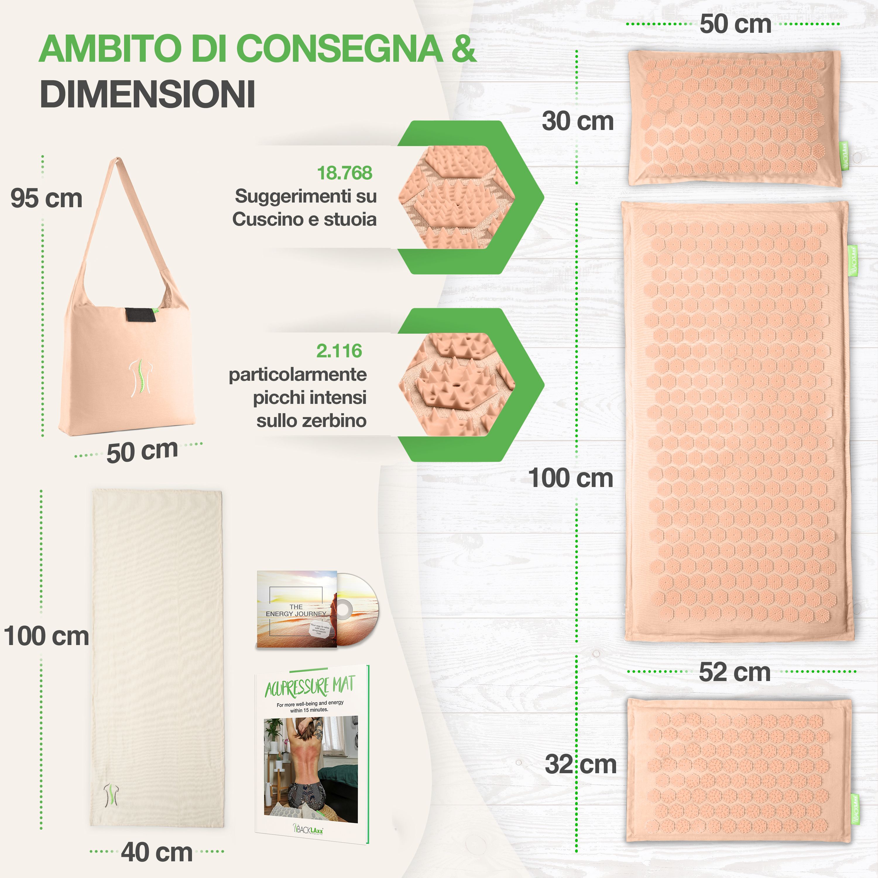 Set tappetino per digitopressione con dimensioni. Tappetino: 100x50cm. Cuscino: 30x50cm. Tappetino per piedi: 52x32cm. Borsa: 95x50cm.