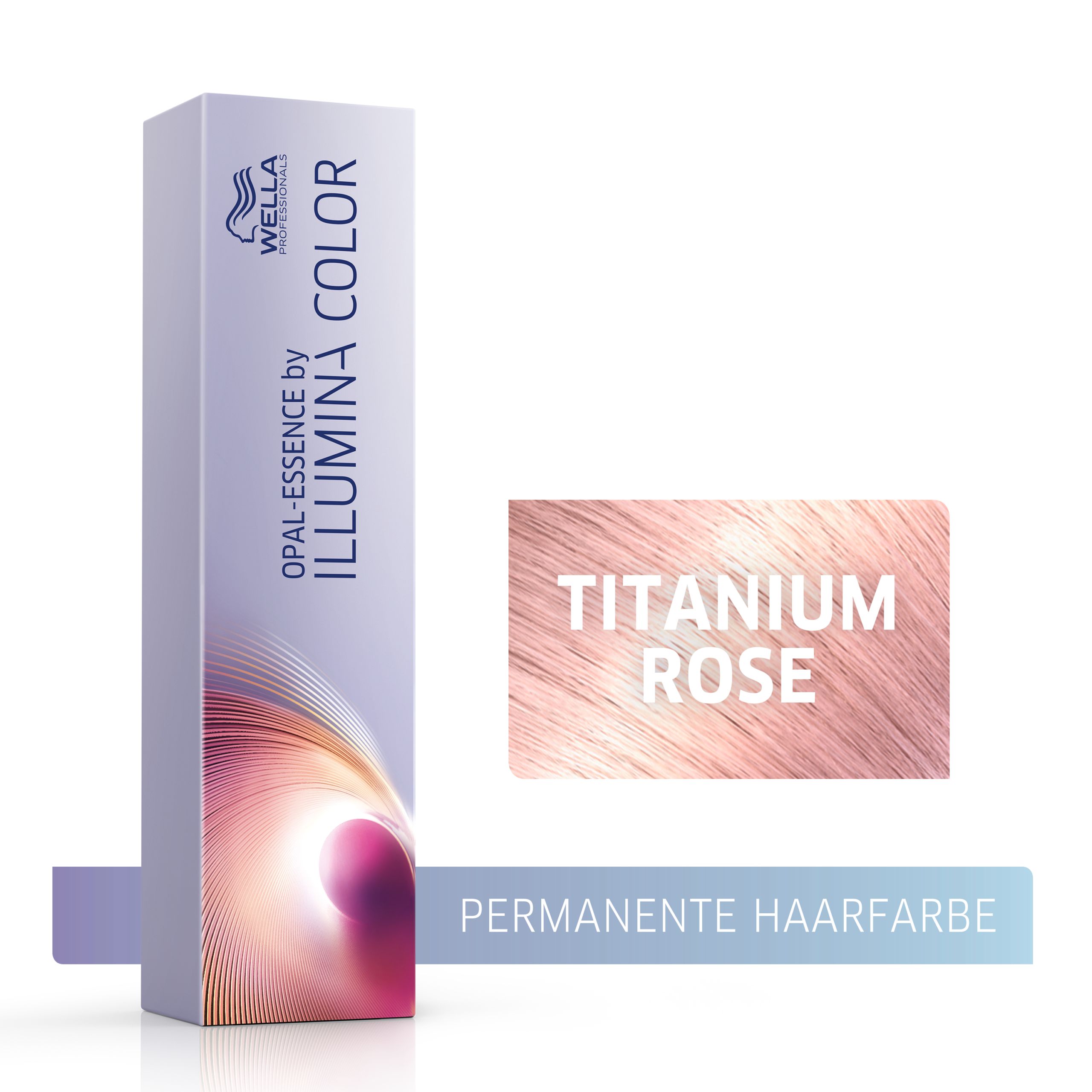 Wella Illumina Color-Haarfarbe. Verpackung mit Farbmuster Titanium Rose. Schriftzug Illumina Color und Logo.