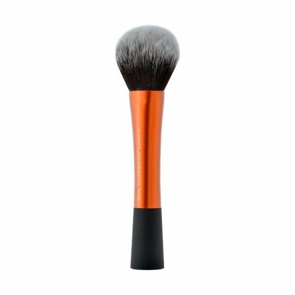 Puderpinsel mit orangefarbenem Griff und schwarzem Pinselkopf. Schwarzer Griffansatz.